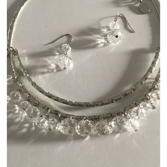 New~Silver Faceted Crystal Double Drop Beads ChaCha Choker Necklace/Earring Set - Picture 2 of 2